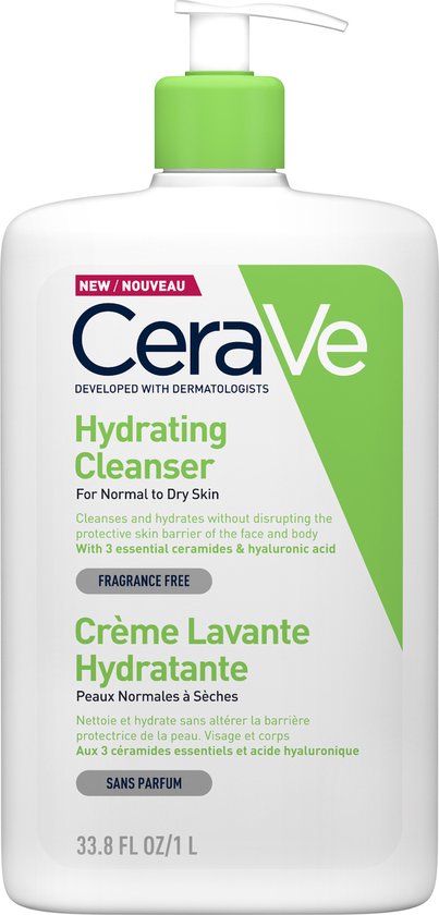 CeraVe Hydraterende Reinigingslotion voor Gezicht en Lichaam Normale tot Droge Huid met Hyaluronzuur en 3 Essentiële Ceramiden 1L Amandel